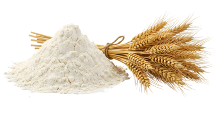Pile of flour with wheat ears, a baking ingredient for bread and pastry isolated on transparent background