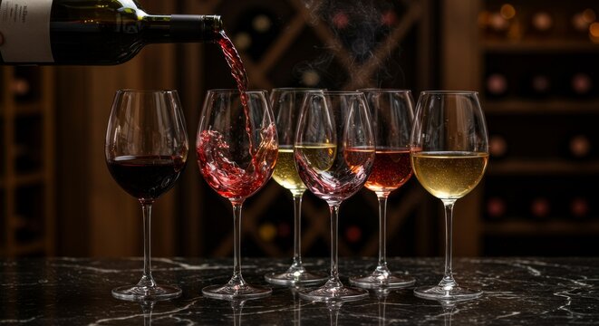 Pouring wine from bottle into glass on blurred background, closeup - Powered by Adobe