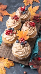 Autumnal Cupcakes: Five beautifully decorated cupcakes arranged on a wooden board surrounded by autumn leaves, each topped with delicate frosting and berries, exuding warmth, and inviting indulgence.