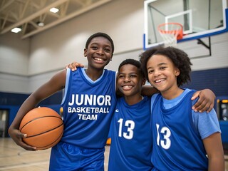 Three smiling young basketball players in blue jerseys posing together on the court with a basketball ai genrated