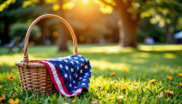 Happy labor day celebration in america outdoor picnic scene with american flag and basket nature environment