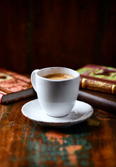 Cup of coffee on wooden background. Soft focus. Copy space	