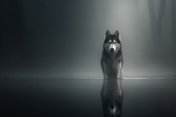 Serene scene: husky and its water reflection. Vet swimming advice. Vet shares essential tips for safe and fun swimming with your beloved dog. Canine water therapy. Innovative pet care.