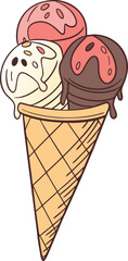 Vector illustration of a colorful ice cream cone with scoops and a waffle cone