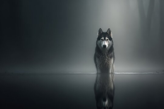 Serene scene: husky and its water reflection. Vet swimming advice. Vet shares essential tips for safe and fun swimming with your beloved dog. Canine water therapy. Innovative pet care.