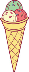 Vector illustration of a colorful ice cream cone with scoops and a waffle cone