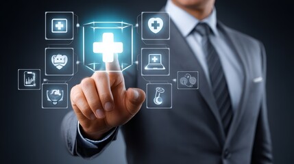 Businessman in suit activates digital interface by pressing virtual button, a symbol of modern technological advancement
