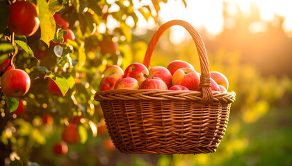 Wicker Basket of Red Apples Hanging from Orchard Tree at Sunset