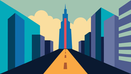 Urban city skyline illustration with towering buildings against the morning sky, depicting a bustling road leading into the heart of downtown