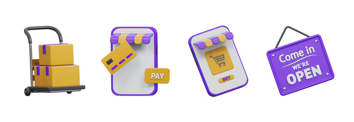 Online store and digital payment 3D icon set, Transparent Background