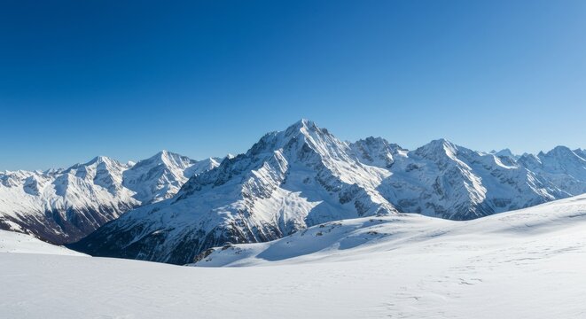 Majestic snow-covered mountains under a clear blue sky