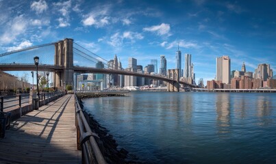 Naklejka premium A panoramic view of the New York City skyline, with towering skyscrapers and an old wooden bridge crossing over the water in front of it Generative AI