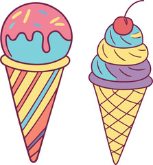 Vector illustration of a colorful ice cream cone with scoops and a waffle cone