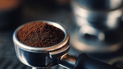Close-up of freshly ground coffee in portafilter on espresso machine