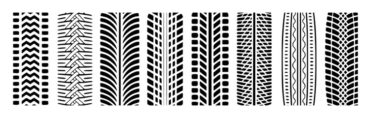 Collection of seven distinct black tire tread patterns on a white background track