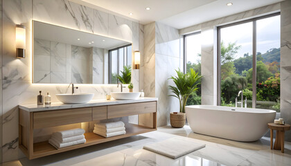 Modern Luxury Bathroom Interior Design with Marble and Wood Accents
