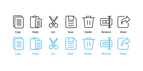 Essential File Operation Icon Set – Line and Glyph Style Symbols for Cut, Copy, Paste, Rename, Share, Save, and Delete Functions in App and Web Interface