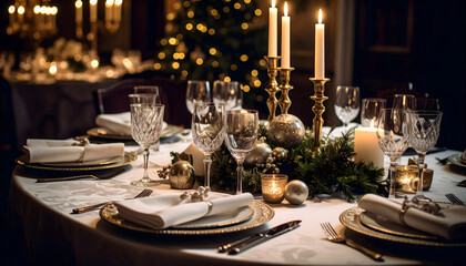 Fototapeta premium Elegant Christmas Table Setting with Gold Candles and Decorations