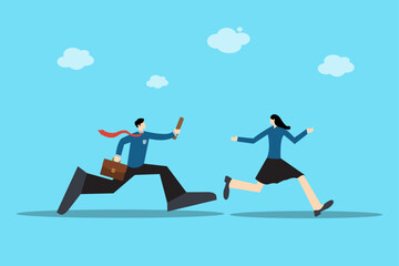 Two business partners running, one handing over a dropped item. Symbolizes teamwork, support, and agile collaboration in a fast-paced work environment.