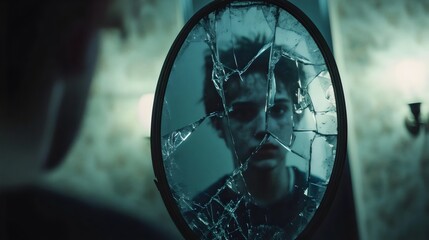 Reflection of a Troubled Person in a Broken Mirror
