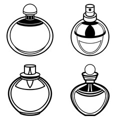 Obraz premium Four perfume bottles with different shapes and caps in black and white outline drawing style illustration