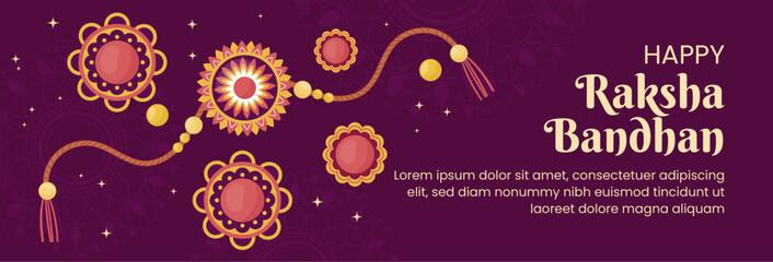 Beautiful Raksha Bandhan banner with colorful traditional Rakhi design on dark purple background. Festive Indian greeting card template for Rakhi celebration.