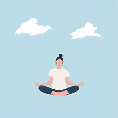 Woman Meditating and Floating in a Blue Sky