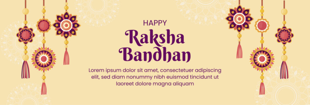 Elegant Raksha Bandhan greeting card design featuring hanging rakhis on light beige background. Colorful festive template for Rakhi festival celebration.