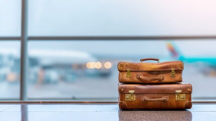 Obraz premium Two leather suitcases on polished floor, blurred airplane windows hinting at travel. 