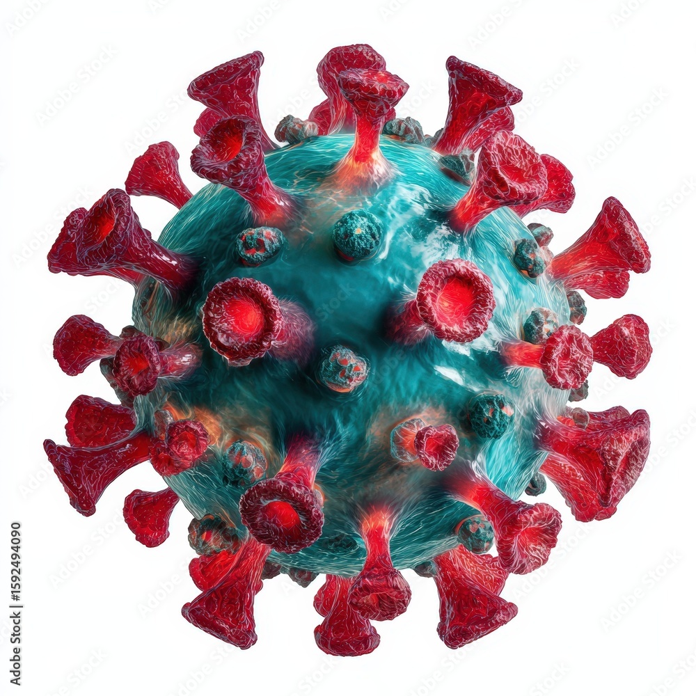 Poster microscopic 3d render of a virus particle detailed teal and red viral structure