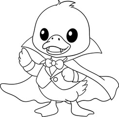 halloween cartoon duck dressed as vampire with cape in black and white line art