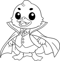 halloween little duck in vampire costume with cape in cute outline coloring style