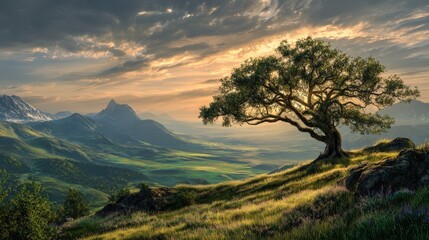 Majestic Sunset Over Rolling Green Hills And Lone Tree Scenic Landscape