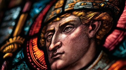 Intricate stained glass art depicting male historical figure with royal attire