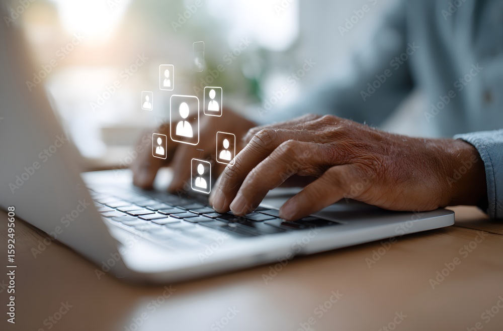 Aufkleber hands typing on laptop with glowing people icons floating above the keyboard in a bright setting