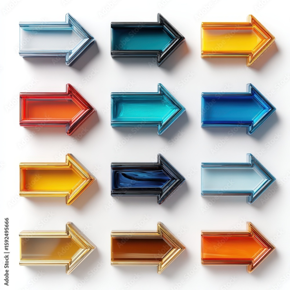 Aufkleber twelve colorful glossy arrows pointing right direction indicators for web design and presentations