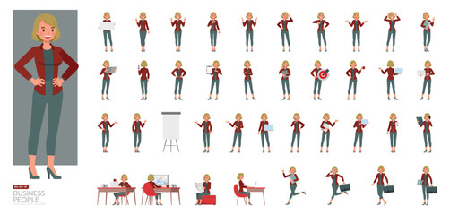 Big Set of Businesswoman with bronze hair wearing red shirt character vector design. People working in office planning, thinking and economic analysis.