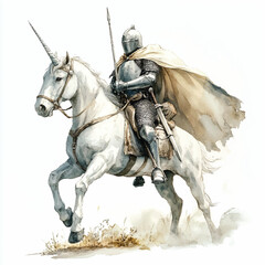 Armored Knight on a Galloping Unicorn with Spear and Flowing Cape