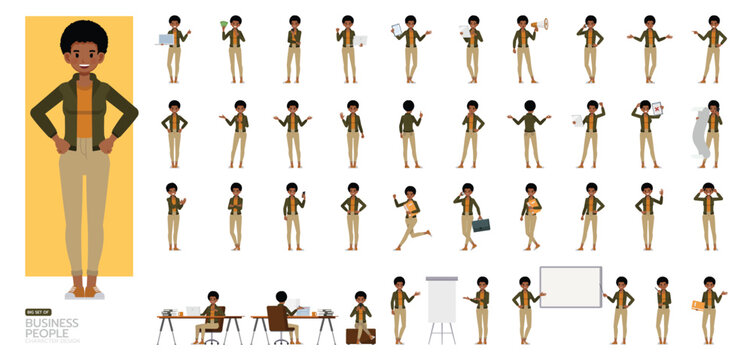 Big Set of Businesswoman with afro hairstyle wearing green jacket character vector design. People working in office planning, thinking and economic analysis.