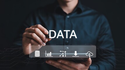 Harnessing Data Insights A Strategy for Business Success with Analytics and Technology Driven Solutions. Modern Business Strategy Hand Interact Data Overlays with Tech Background Digital Graph.