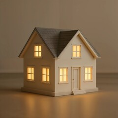 Cozy house model with warm glowing windows on neutral background