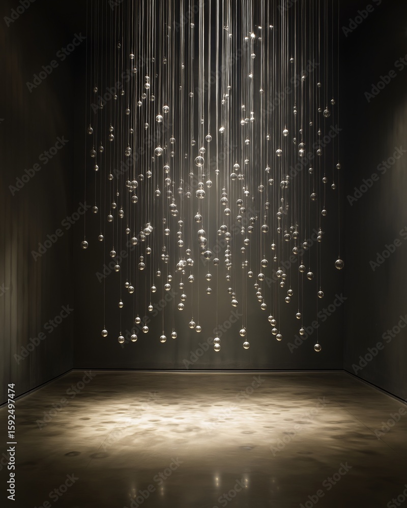 Poster artistic installation of suspended spheres, creating a mesmerizing display within a modern room. the