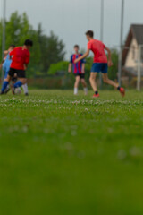A group of energetic young men are enthusiastically playing soccer on a wide open field, enjoying...