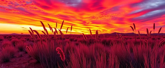 Keuken achterwand Bordeaux Crimson sunset paints the ochre earth, spinifex grasses silhouetted against fiery sky, sky, moon  ©  Yani8sa A.