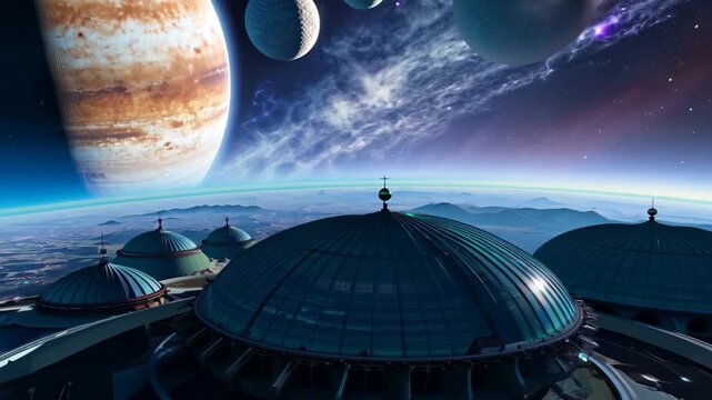Gigantic planets hang in the twilight sky above geodesic domes of futuristic colony. Concept of interplanetary life and space exploration