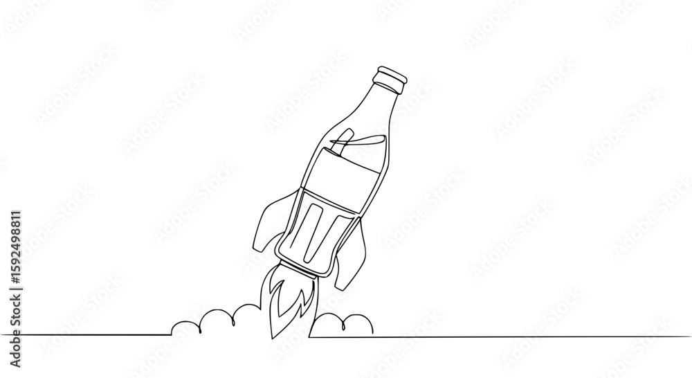 Poster rocket-shaped bottle launching into the sky with clean lines concept of single line outline vector m
