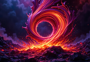 Obraz premium An abstract, fiery vortex of orange, red, and purple energy swirls over a dark, rocky landscape with a dark, cloudy sky.