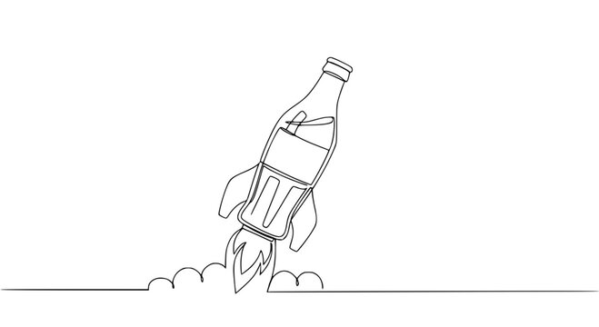 Rocket-shaped bottle launching into the sky with clean lines concept of single line outline vector movie   - Powered by Adobe