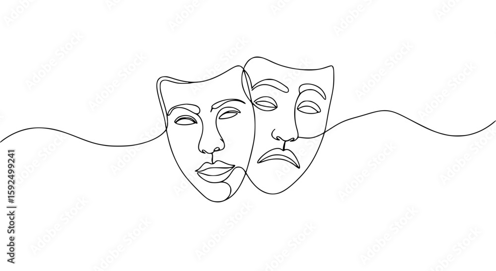 Poster simple line art of two faces representing emotions in minimal style