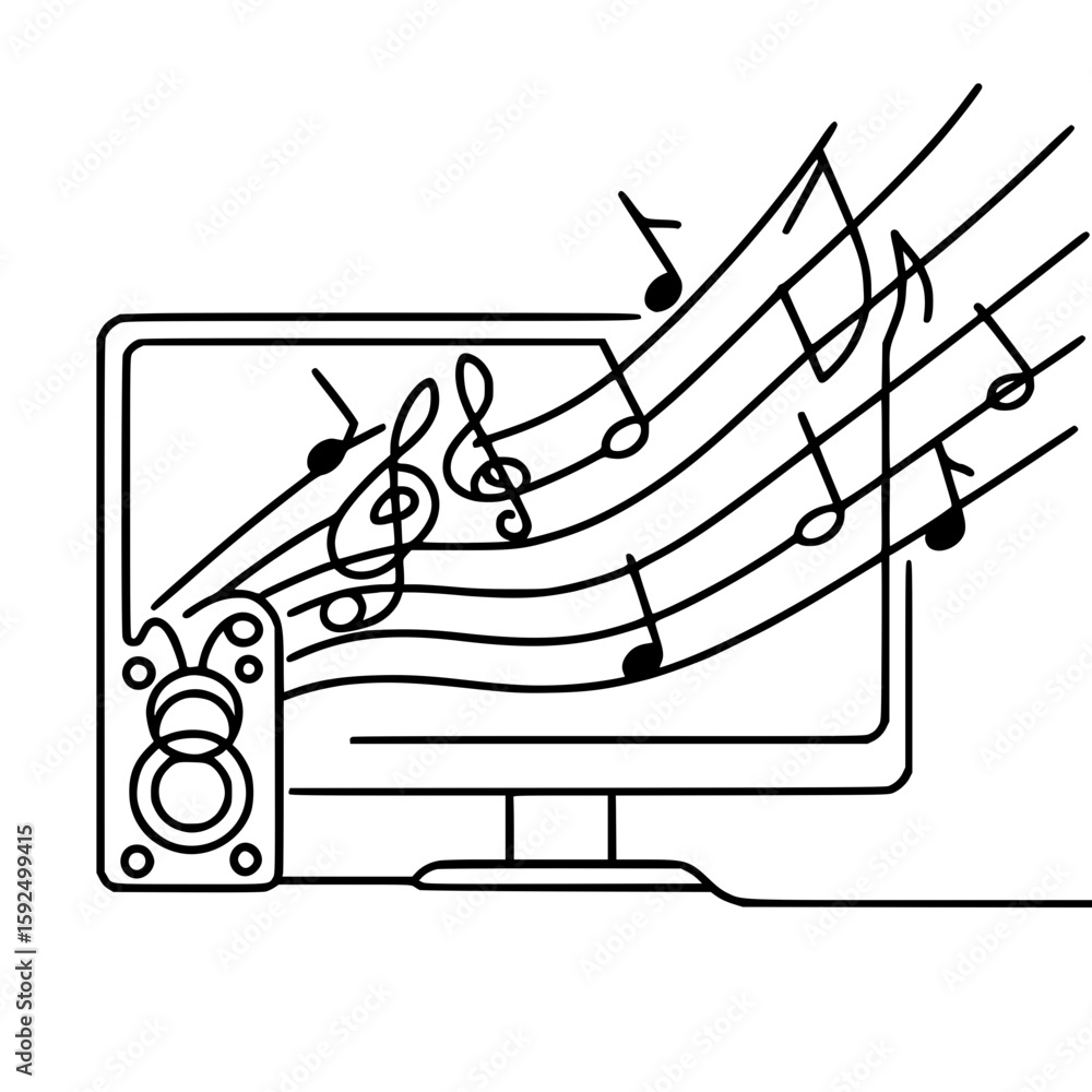 Poster music notes flowing from a computer screen and speaker in line art